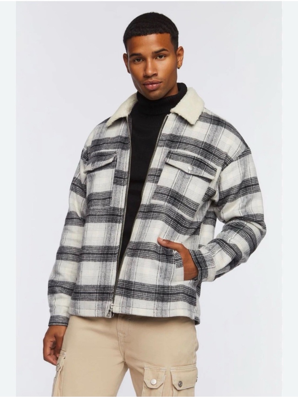 FOREVER 21 Black & white plaid zip-up jacket with sherpa collar SIZE XL MEN